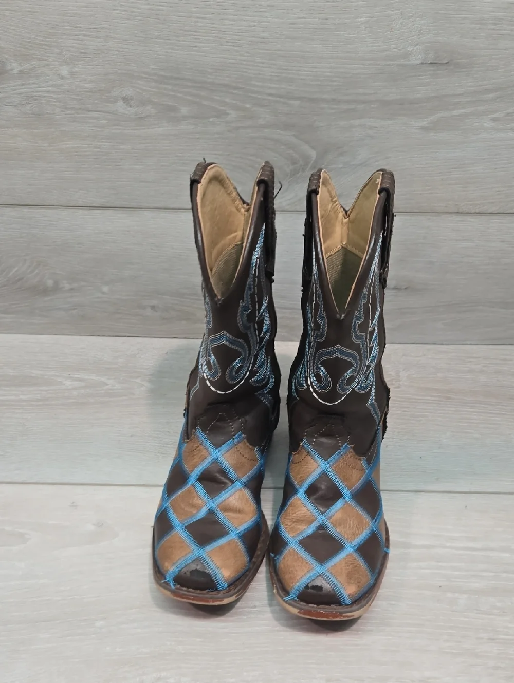Roper Kids Girl Tall Leather Western Boots with Blue Stitch Plaid Shoes Sz 11